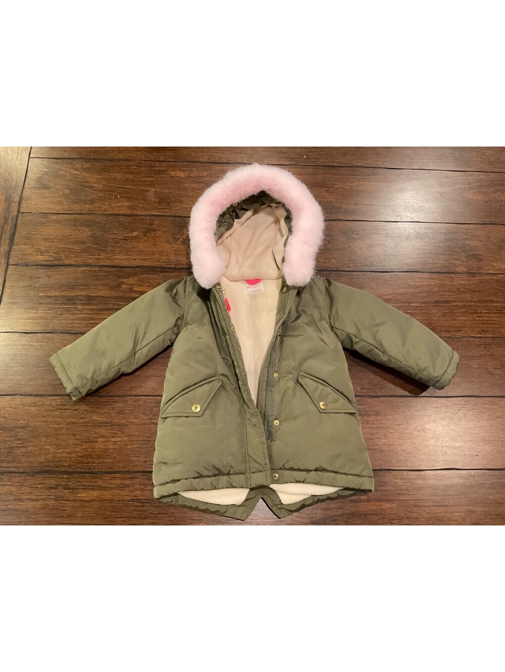 J. Crew Crewcuts Girls Fishtail Parka Olive Green Pink Faux-Fur Trim Sz3